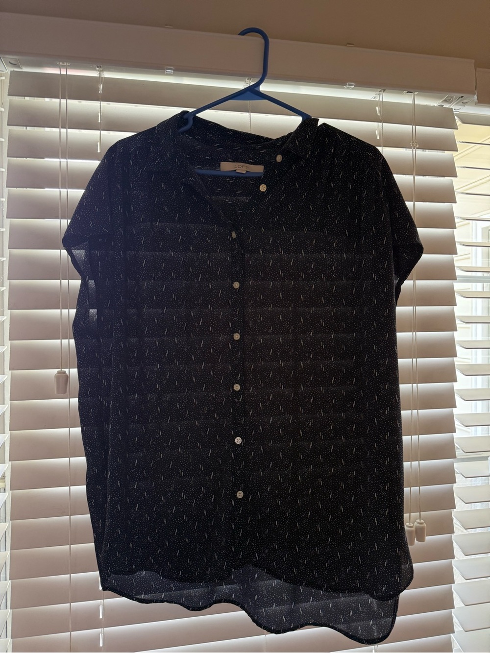 LOFT Navy Short-Sleeve Button-Down Shirt with Subtle Print
